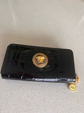 Versace Black Patent Croc-Embossed Wallet with Gold Medusa